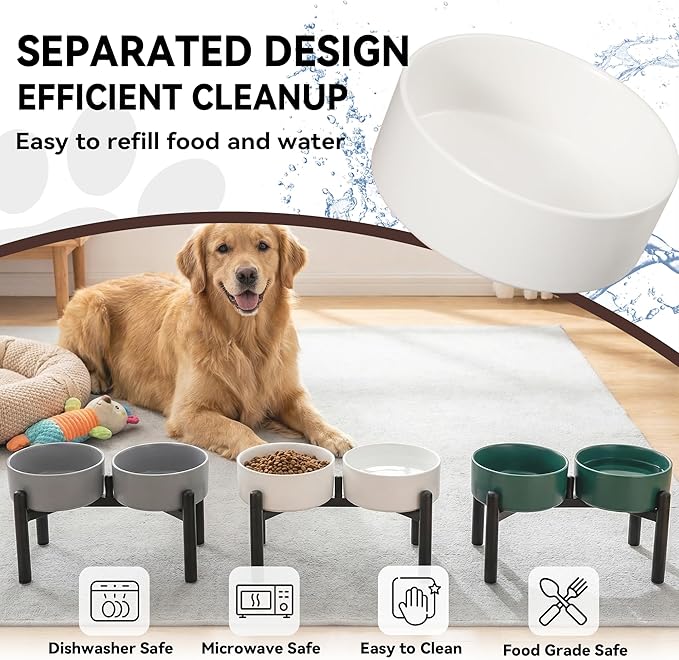 Raised Ceramic Dog Bowl Set with Stand, 7.5 Cups Elevated Dog Food Stand | 8.4'' Double Dog Food and Water Bowl Set, Non-Slip Dog Feeding Dishes for Small Breeds and Cats, 59.2 OZ, Grey
