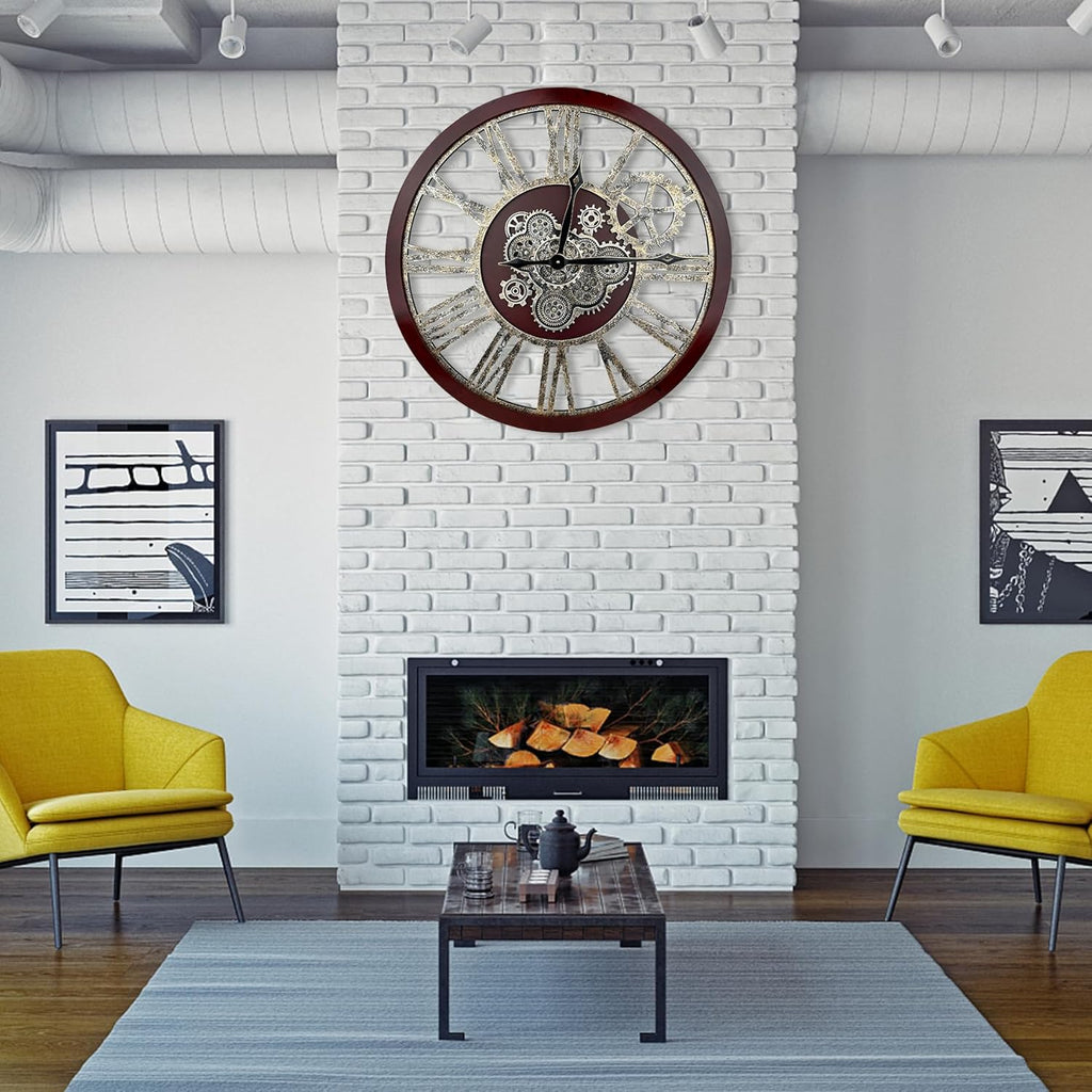 The B-Style Large Real Moving Gears Wall Clock 30 inch Rustic Retro Industrial Farmhouse Wood Clock Oversized Decorative Vintage Wall Clocks for Living Room (Black walunt Wood and Bronze)