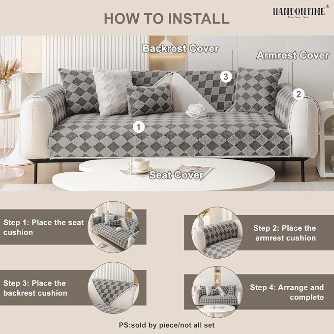 HANDONTIME Non-Slip Pet Couch Cover Washable, Plush Faux Fur Couch Protector for Cushion Pet-Friendly Sofa Covers for Dogs, Checkered Diamond Sectional Covers Dog Mat for Sofa (Grey, 35.6" x 82.7")