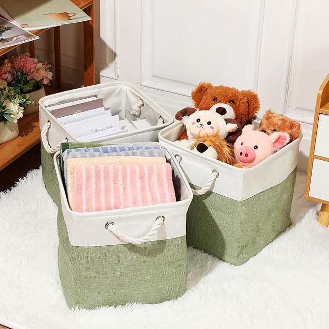meekoo 8 Pack Collapsible Storage Bins Fabric Storage Bins Polyester Fabric Baskets with Handles Linen Closet Organizer for Shelf Home Closet Towels Toys(12 x 12 x 12 in,Green White)