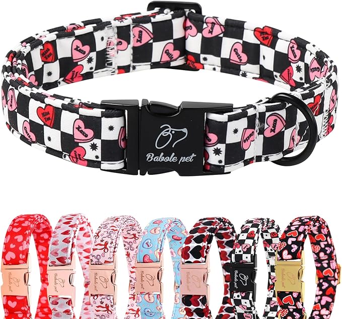 Valentines Dog Collar for Large Dogs - Unique Black White Plaid Girl Boy Valentine Heart Dog Collars, Adjustable Heavy Duty Pet Collar with Metal Buckle L