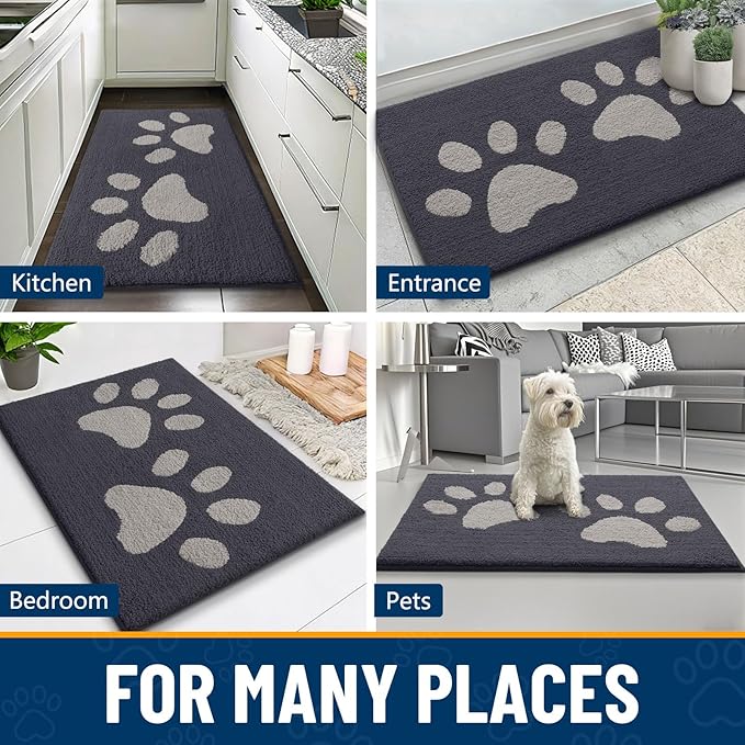 Smiry Dog Door Mat for Muddy Paws, Absorbs Moisture and Dirt, Low-Profile Entryway Mat with Non-Slip Backing, Entry Indoor Outdoor Doormat for Inside Floor (47x20 Inches, Dark Grey, Paw)