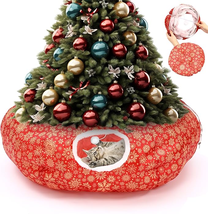 Cat Tunnel Bed Under Christmas Tree 36'' Kitten Circle Donut Tunnel Skirt with Ball Mat Decorative Xmas Folding Home Kitty Guard Tube Holiday Party Indoor Pet(Red Gold,Snowflake)