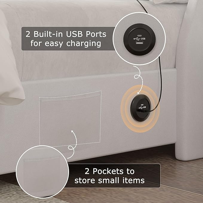 VECELO Queen Size Bed Frame with Storage Drawers, Upholstered Platform Bedframe with Wingback Headboard, No Box Spring Needed, White