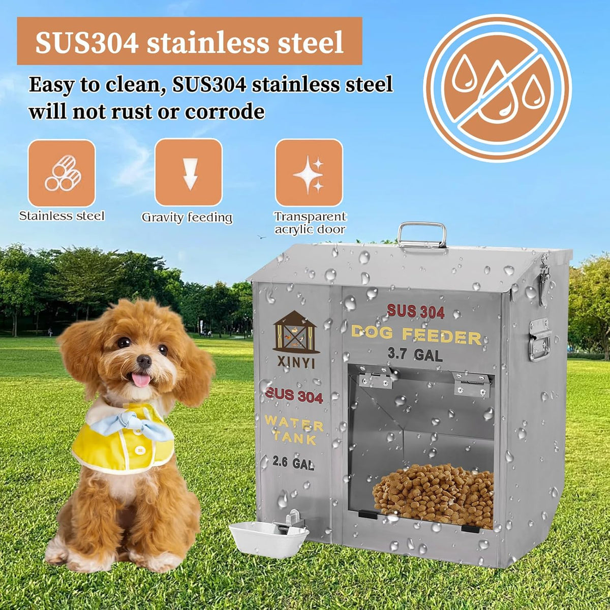 XINYI Automatic Dog Feeder and Waterer 2-in-1,SU304 Stainless Steels 2.6 Gallon Water Tank with 1 Aluminum Alloy Water Cup, 3.7 Gallon Dog Food Dispenser,Automatic Feeder for Pets, Breed, Cat