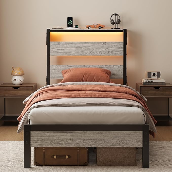 Bestier Twin Bed Frame with Storage Headboard and Charging Station, Grey Platform Bed Frame with LED Light, Non-Slip Metal Bed Frame, Noise-Free, Easy Assembly