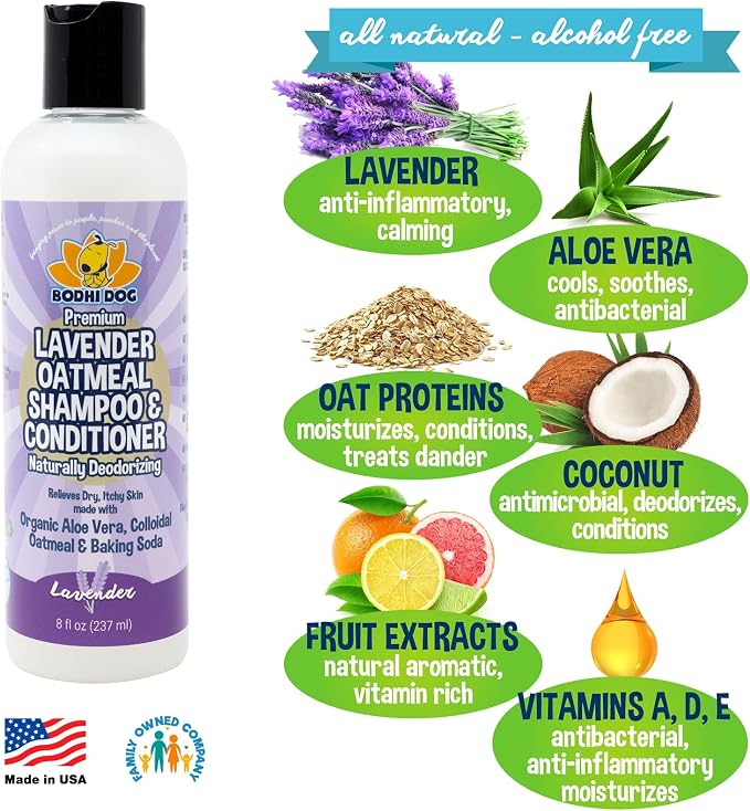 Bodhi Dog Premium Lavender Oatmeal Shampoo & Conditioner - Organic Formula for Dogs, Cats & Pets - Hypoallergenic, Soothes Dry, Itchy Skin & Supports Skin Health - Made in USA (8 Fl Oz)