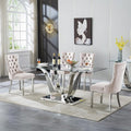 70" Modern Silver Glass Dining Table Set for 4, 5-Piece Rectangle Kitchen Dining Room Table Set with Steel Base & 4 Beige Velvet Upholstered Chairs, Modern Glass Kitchen Table and Chairs Set of 4