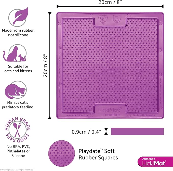 LickiMat Classic Soother, Cat Slow Feeder Lick Mat, Boredom Anxiety Reducer; Perfect for Food, Treats, Yogurt, or Peanut Butter. Fun Alternative to a Slow Feed Cat Bowl or Dish, Purple