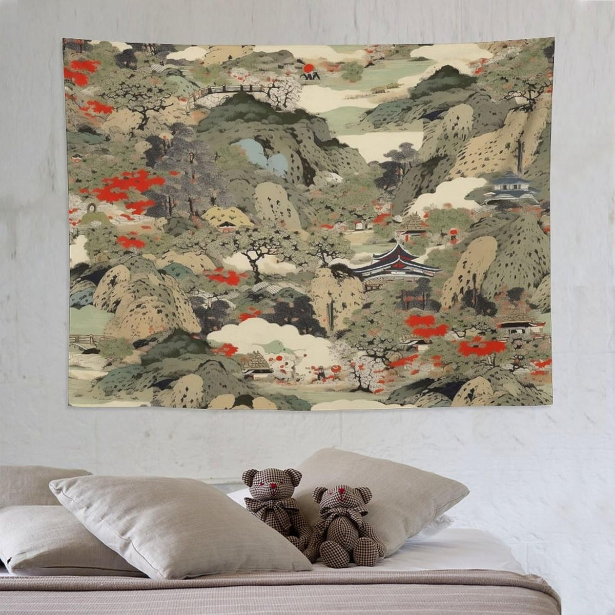 Asian Tapestry,Japanese Red Landscape Asian Watercolor Abstract Art Tapestry, Asian Japanese Wall Tapestry, Nature Landscape Tapestries for Bedroom Living Room Decor 80"x60"