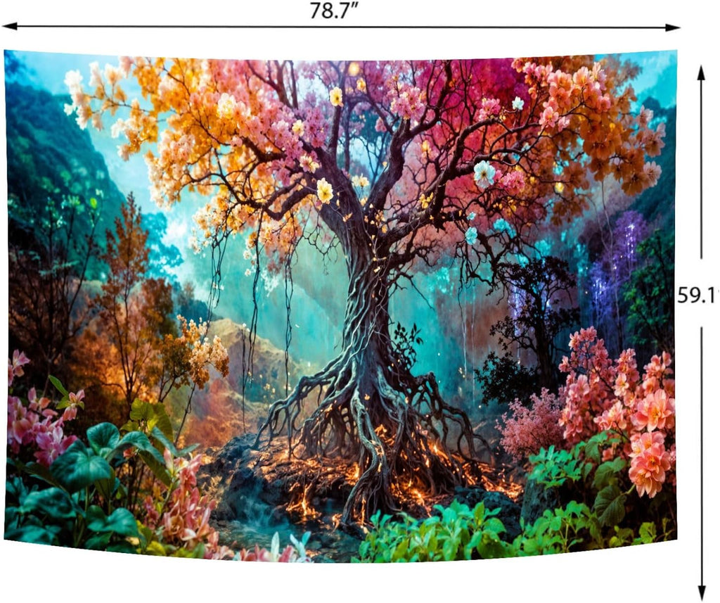 Delur Forest Tapestry Tree of Life Fantasy Tropical Rainforest Tapestry Wall Hanging Colorful Nature Mystical Landscape Psychedelic Spiritual Headboard for Bedroom Living Room Home Decor (59.1" x 78.7")