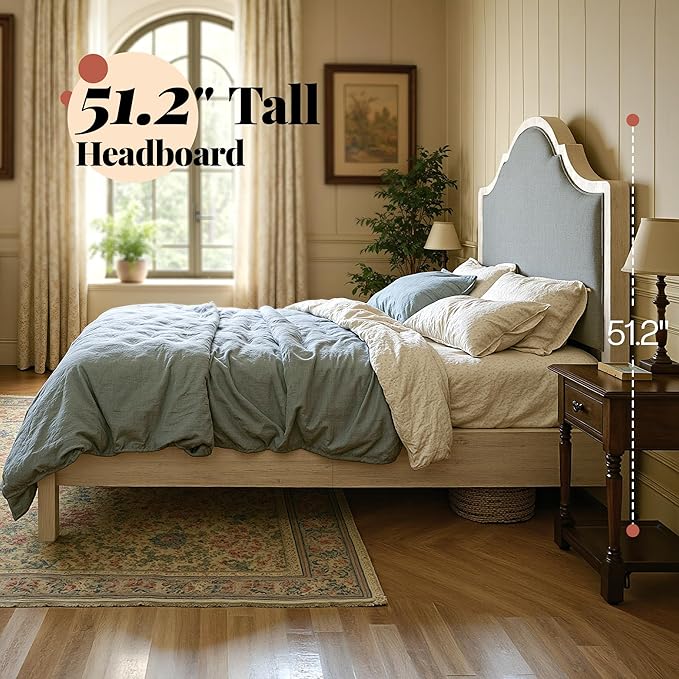 Jocisland Full Size Bed Frame with Tall Upholstered Curved Headboard, Solid Wood Platform Bed, No Box Spring Needed, Wood Slat Support, Easy Assembly, White