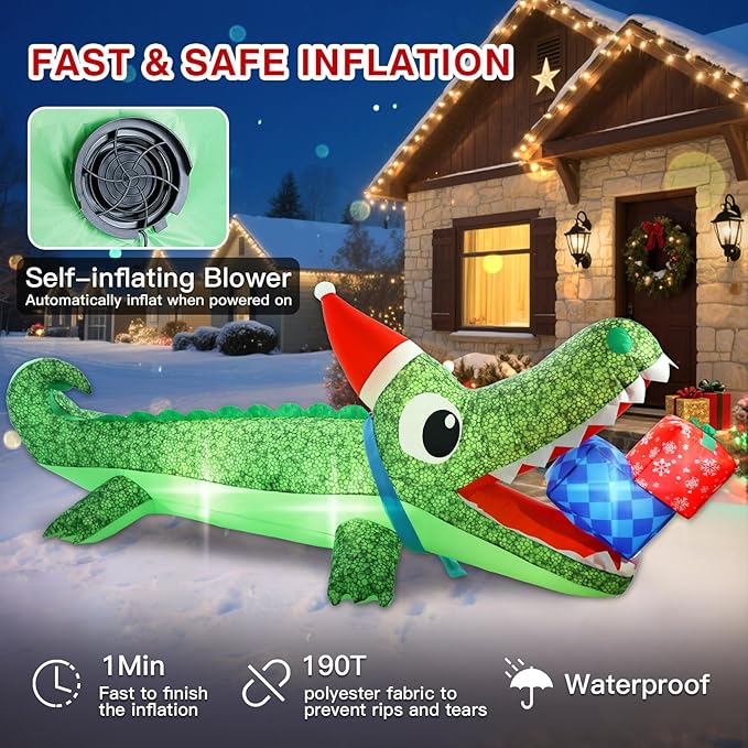 9.3 FT Christmas Inflatable Outdoor Decorations, Inflatables Christmas Crocodile Yard Decor with Christmas Hat & Gift Box, Built-in LED Lights Blow up Xmas Alligator for Outside Lawn Garden Indoor