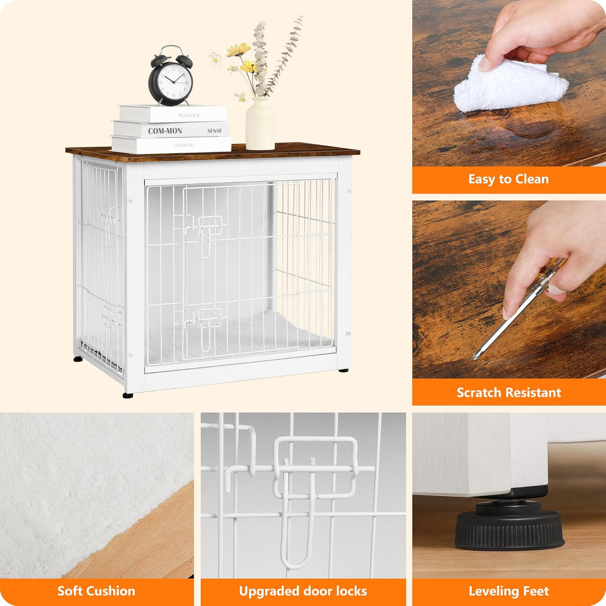 DWANTON Dog Crate Furniture with Cushion, Wooden Kennel Table with Double Doors, Indoor Dog House, Small/Medium/Large Size, 27.2" L, White+Rustic Brown