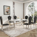 Dining Table Set for 6, 7-Piece Kitchen Table Chairs Set, Modern Dining Room Set with 70'' Marble Dinner Table and 6 Petaloid Backrest Upholstered Chairs for Kitchen, Black & Silver