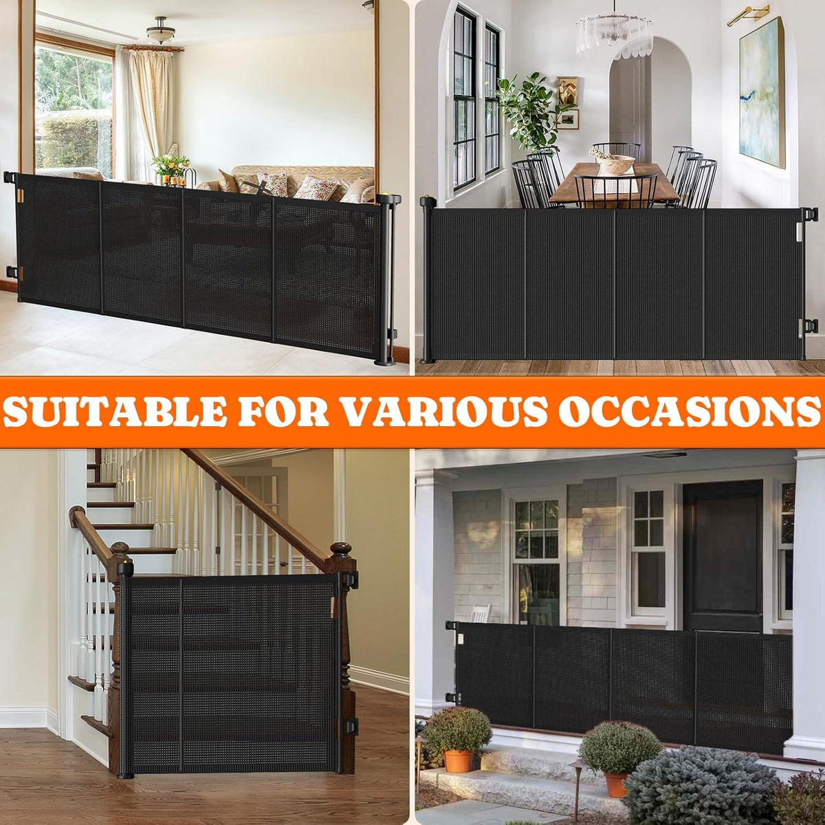Pawtners Retractable Baby Gates Extra Wide, 41" Tall Extends up to 71" Wide, Dog Gate Indoor for Stairs, Pet Gate with Support Rods for Doorways Hallways Indoor & Outdoor-Black