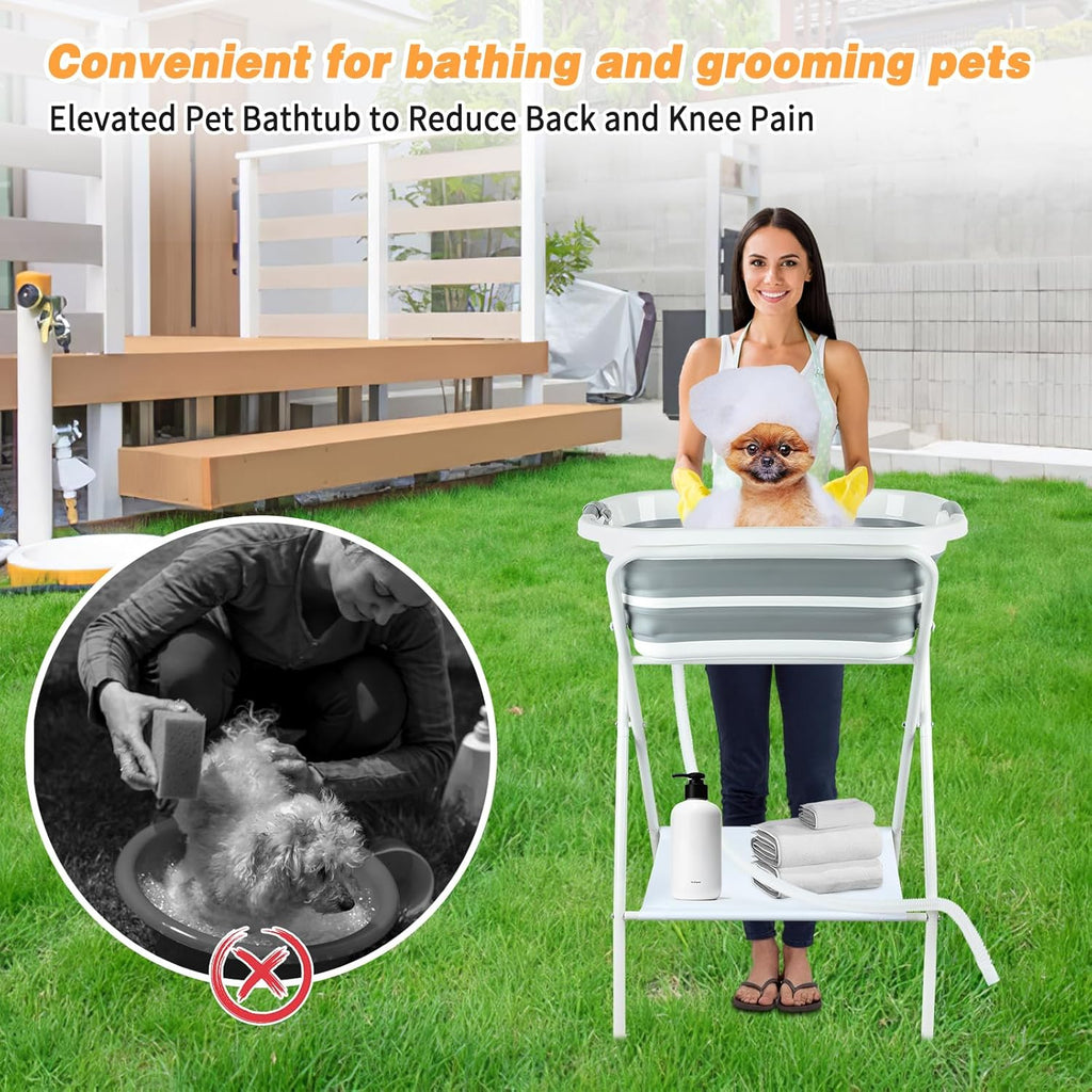 BWOGUE 2 in 1 Portable Dog Bath Tub Elevated Collapsible Dog Bathtub Washing Station with Drainage Hole for Bathing, Shower and Grooming, Pet Tub for Puppy Small Medium Dogs Indoor and Outdoor