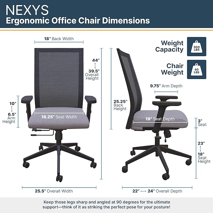 Nexys Home Office Desk Chair, Adjustable Tilt, Height Adjustable Armrests, High Mesh Back Variable Height, Rolling Work Swivel Chairs with Wheels, Comfortable for Long Hours, Lunar | Fabric