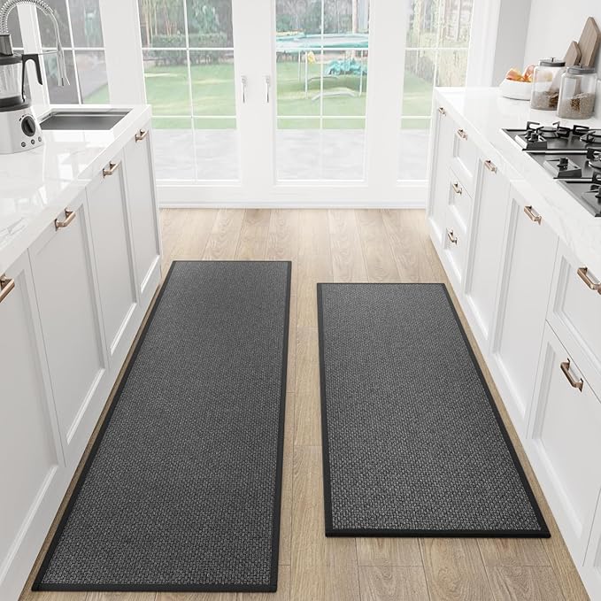 Kitchen Mat Set of 2 PCS, Cushioned Non Slip Rugs for Kitchen Floor, Absorbent Runner Comfort Standing Mats Washable for Kitchen, Office, Home, (Black, 17.3"x47"+17.3"x71")