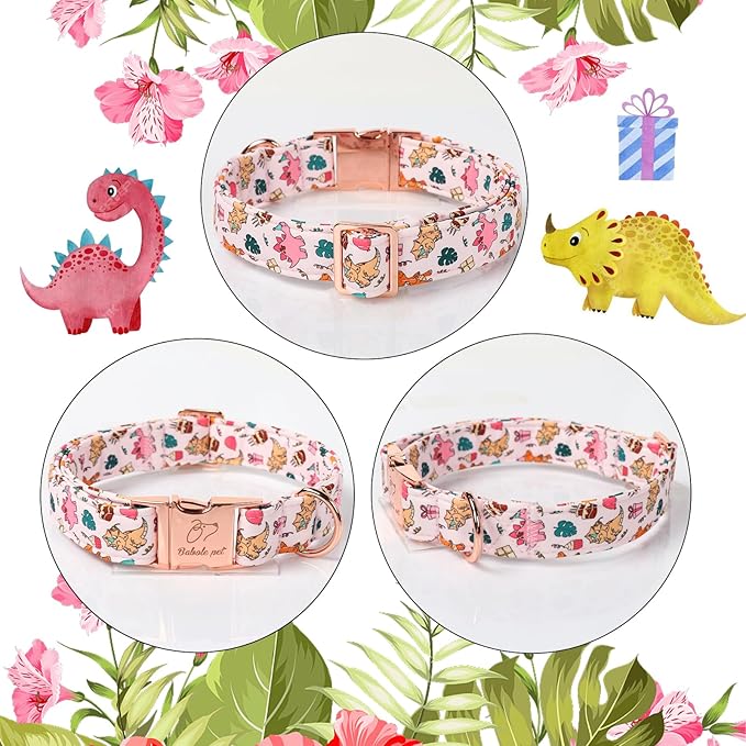 Cute Dinosaur Dog Collar - Adjustable Cartoon Girl Dog Collars for Puppy & Tiny Dogs, Heavy Duty Metal Buckle Pet Collar, Pink Dino, XS