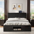 Wooden Bed Frame Queen Size with Headboard & Sliding Barn Door Storage Footboard, Farmhouse Platform Bedframe with Charging Station, No Box Spring Needed (Black, Queen)
