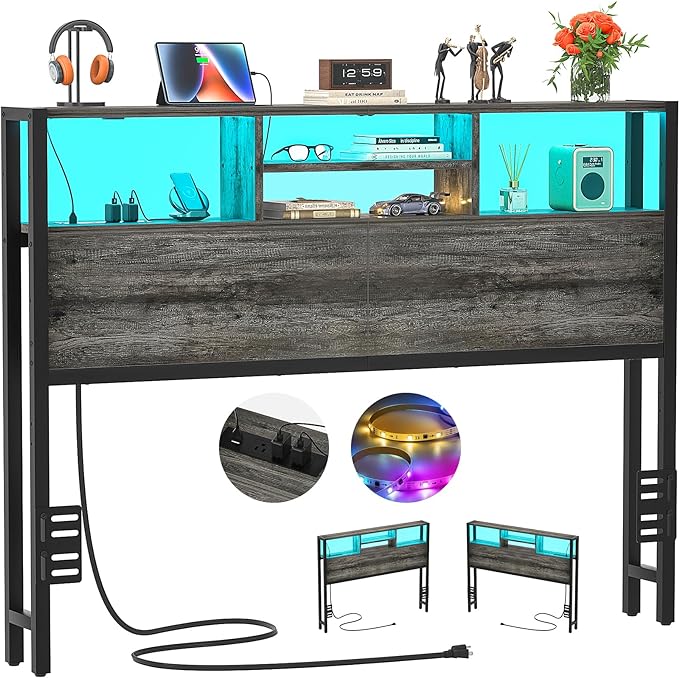 Aheaplus Headboard for Full Size Bed with Storage, Headboards with Outlets, USB Ports and LED Light, Full Size Head Board Only, Height Adjustable, Reversible, Sturdy and Stable Headboard, Black Oak