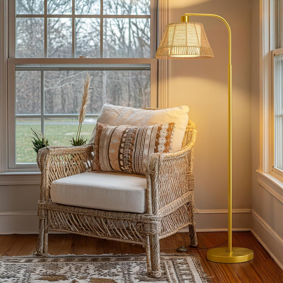 Oneach Arc Floor Lamp for Living Room with 3 Color Temperatures, Farmhouse Floor Lamps with Remote & Dimmable Bulb, Rattan Boho Floor Lamp with Hand-Woven Wicker & Fabric Shade