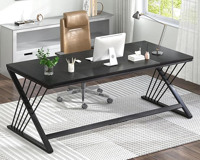 FOLUBAN 70.9" Black Computer Desk, Modern Home Office Desk, Large Gaming Workstation Executive Desk with Z-Shaped Legs, 2 Person Large Study Writing Table for Bedroom