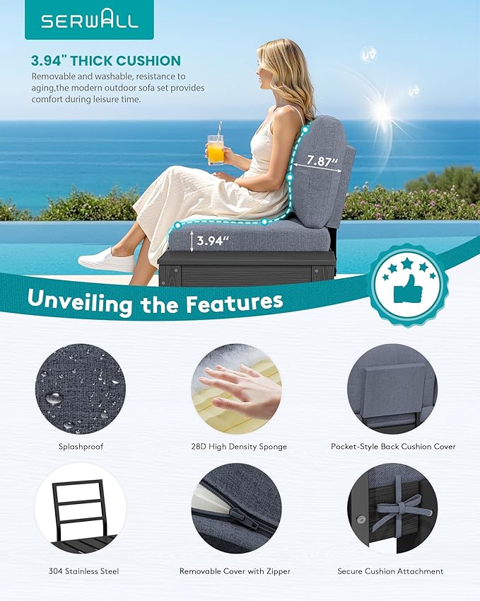 SERWALL HDPE Outdoor Sofa Set, All-Weather Patio Furniture Set, Seats 6, Modular Sectional Patio Furniture for Deck, Yard and Balcony, Black Frame with Grey Cushion