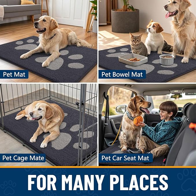 Smiry Dog Door Mat for Muddy Paws, Absorbs Moisture and Dirt, Low-Profile Entryway Mat with Non-Slip Backing, Entry Indoor Outdoor Doormat for Inside Floor (47x20 Inches, Dark Grey, Paw)