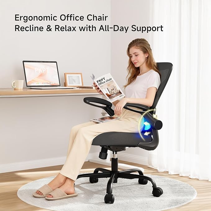 Office Chair with Adjustable Lumbar Support, Home Office Desk Chair with Flip-up Armrests, 330 lbs Mesh Computer Chair for Long Day Use, Black