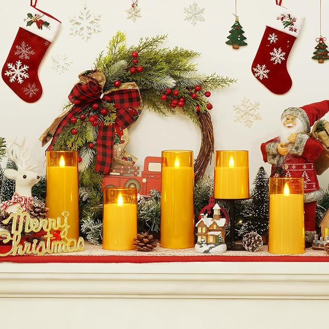 Homemory Realistic Flickering Flameless Candles, Battery Operated Candles with Remote Control and Timer, LED Fake Electric Candle for Home, Christmas Decoration, Gold, Set of 5