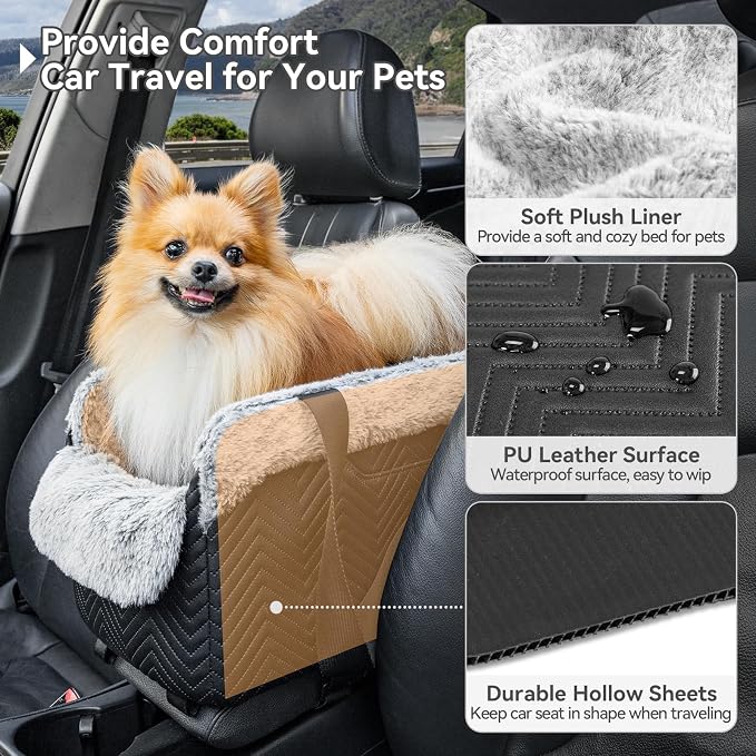 PETSFIT Center Console Dog Car Seat, Portable Pet Car Seat with Safe Protective Hooks, Luxury Dog Car Seats for Small Dogs Includes Safety Leash and Storage Pocket for Pets Up to 9 lbs (Black)