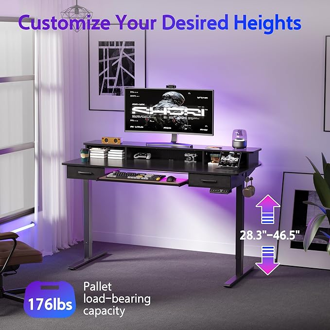 55x24 Inches Electric Standing Desk with Keyboard Tray, Height Adjustable Stand up Desk with 2 Drawers, Ergonomic Sit to Stand Desk with Storage Monitor Stand, Computer Table, Black