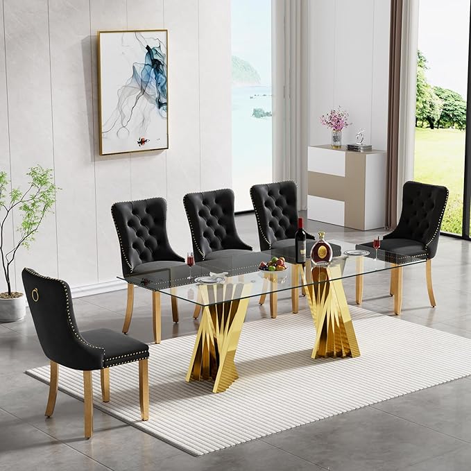 Goujxcy Modern 7 Piece Glass Dining Table Set Luxury Glass Kitchen Table and Chair Set for 6, 70" Large Rectangular Dining Room Table with 6 Tufted Chairs and Stainless Steel Legs (Gold & Black)
