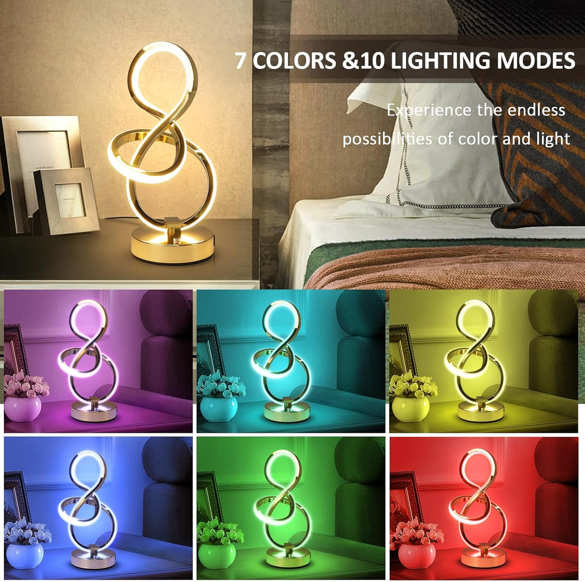 Modern Spiral Table Lamp, 7 Colors 10 Light Modes LED Nightstand Small Lamp with USB C+A Ports, Touch Dimmable Lamps for Living Room Bedroom Bedside, Unique & Cool Lamps,Gold