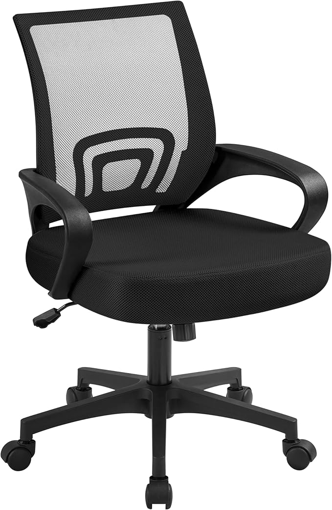 Yaheetech Mid-Back Mesh Office Chair Adjustable Ergonomic Computer Task Chair Swivel Rolling with Lumbar Support Armrest for Home Office Work Study, Black