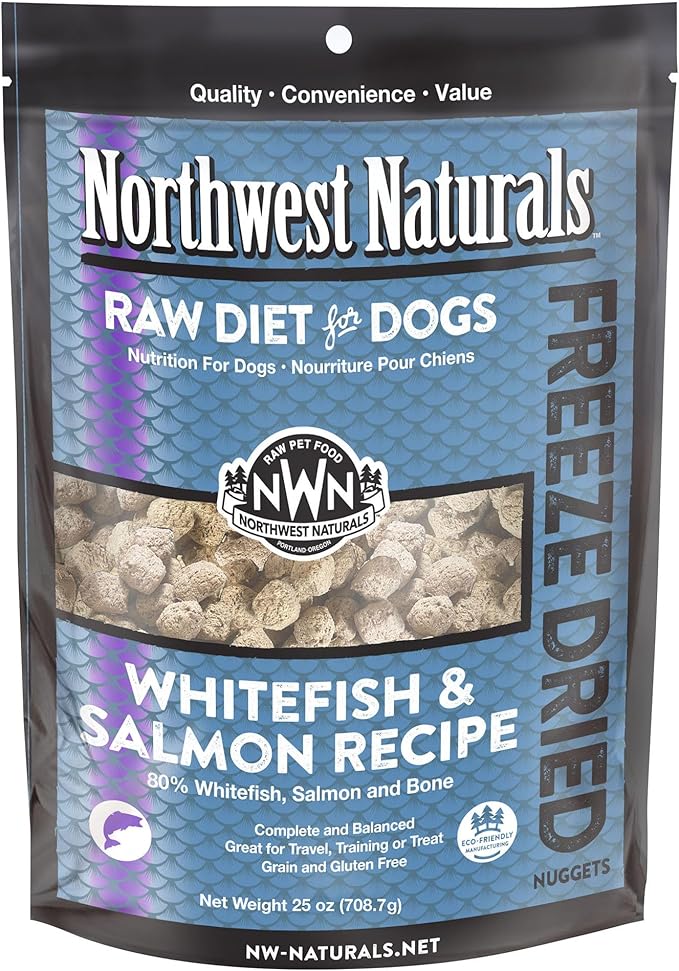 Northwest Naturals Freeze-Dried Whitefish & Salmon Dog Food - Bite-Sized Nuggets - Grain-Free, High-Protein, Raw Diet, Human-Grade Ingredients, All Natural, Omega-3 for Skin & Coat, Made in USA, 25 Oz