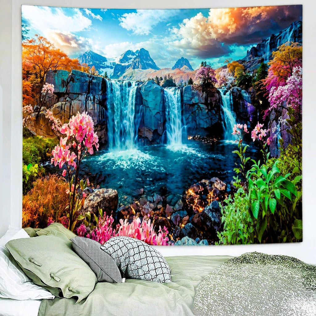 Delur Waterfall Tapestry Tropical Forest Mountain Sunset Tree Wall Hanging Tapestry Scenic Rainforest Landscape Nature Sunrise Headboard for Bedroom Living Room Home Decor (70.8" x 92.5")
