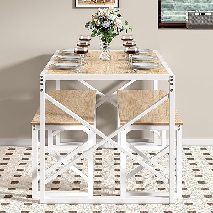 VECELO Kitchen Dining Table Benches Set for 4, 55" Wooden Dinette with 2 Benches, Heavy-Duty Dining Room Table for Small Space, Breakfast Nook, Natural Oak