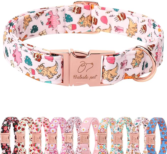 Cute Dinosaur Dog Collar - Adjustable Cartoon Girl Dog Collars for Large Dogs, Heavy Duty Metal Buckle Pet Collar, Pink Dino, L