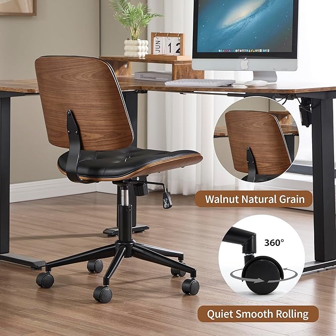 Small Home Office Chair - Armless Mid Back Desk Chair with 360° Swivel and Wheels, PU Upholstered Height Adjustable Modern Walnut Computer Chair for Home, Office Meeting Room - Black