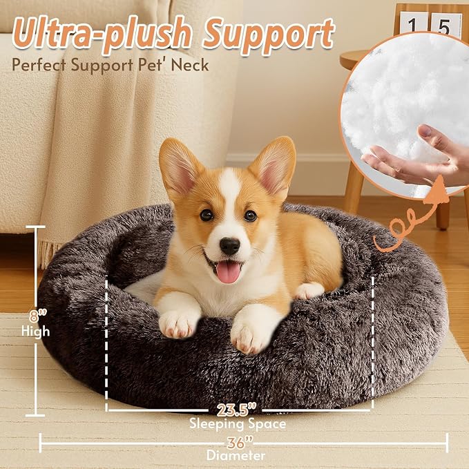 JOLLYVOGUE Calming Dog Beds Large Sized Dog, 36in Donut Washable Large Pet Bed, Anti-Slip & Anti-Anxiety Fluffy Faux Fur Round Dogs Bed, Fits up to 80 lbs Pets （Chocolate）