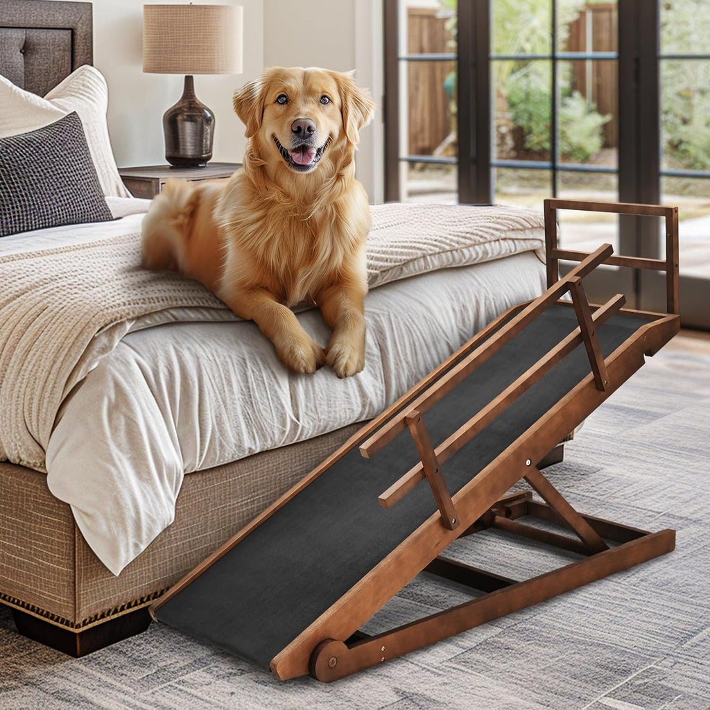 Dog Ramp, 5 Level Adjustable Wooden Folding Pet Ramp for Middle Bed, Couch,SUV-High Traction, Portable Paw Ramps for Small & Large Old Dogs & Cats - Furniture Quality