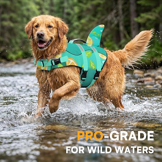 Dog Life Jacket With Rescue Handle - Swimming Vest, Shark-Themed, Adjustable Reflective Preserver for Small Dogs, Green Print XS