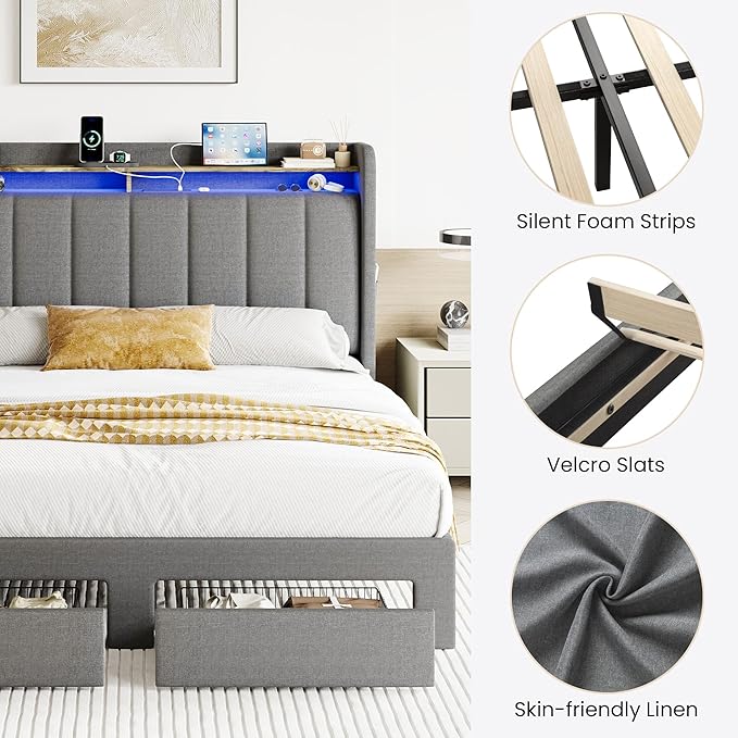 SHA CERLIN Queen Platform Bed Frame with Vertical Channel Tufted Wingback Headboard & 2 Storage Drawers/2-Tier Shelves with LED Lights & Charging Station/Noise-Free/No Box Spring Needed/Dark Grey
