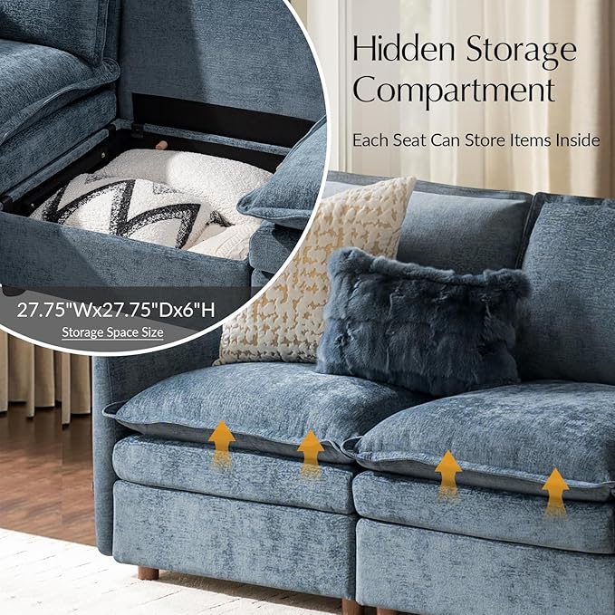 HULALA HOME 128'' Power Recliner Sofa with Dual-Layered Cushions, Oversized Modular Sectional Sofa U Shaped Couch with Storage Ottoman, 6 Seater Cloud Couch for Living Room, Blue