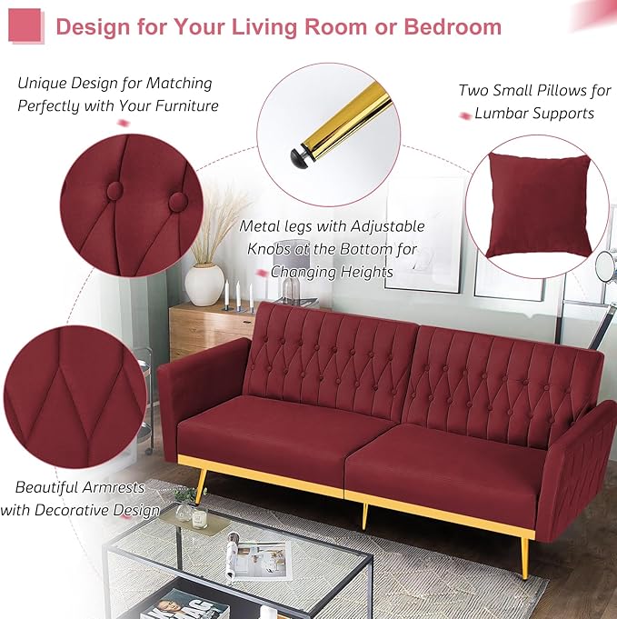 70” Velvet Futon Sofa Bed with 2 Pillows and Adjustable Armrests, Convertible Sleeper Bed W/Adjustable Backrests, Modern Loveseat for Living Room, Bedroom, Red