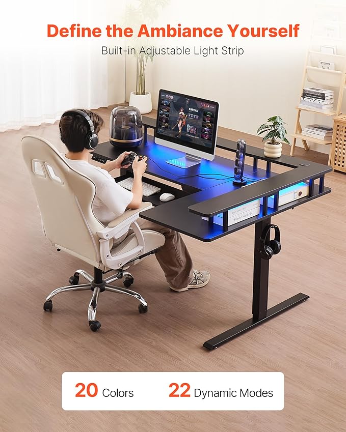VEVOR L Shaped Desk, Electric Adjustable Height Corner Gaming Desk with Keyboard Tray and Dual Hooks, Heavy Duty L-Shaped Computer Table with Light Strip for Home Office, Easy to Assemble, Black
