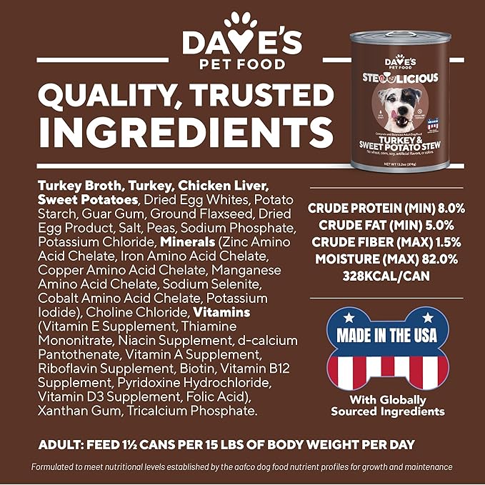 Dave's Pet Food Stewlicoius Grain Free Wet Dog Food (Turkey & Sweet Potato in Gravy), Made in USA Naturally Healthy Canned, Gluten Free Topper, 13.2 oz (12 Pack)